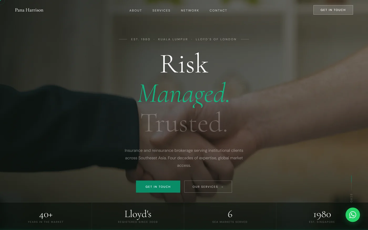 Version 1, declined: a dark full-bleed photograph of two people shaking hands, with the headline Risk Managed. Trusted. and a bar underneath reading forty-plus years, Lloyd's, six markets, 1980.